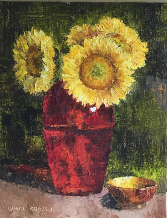 Sunflowers in Red Vase